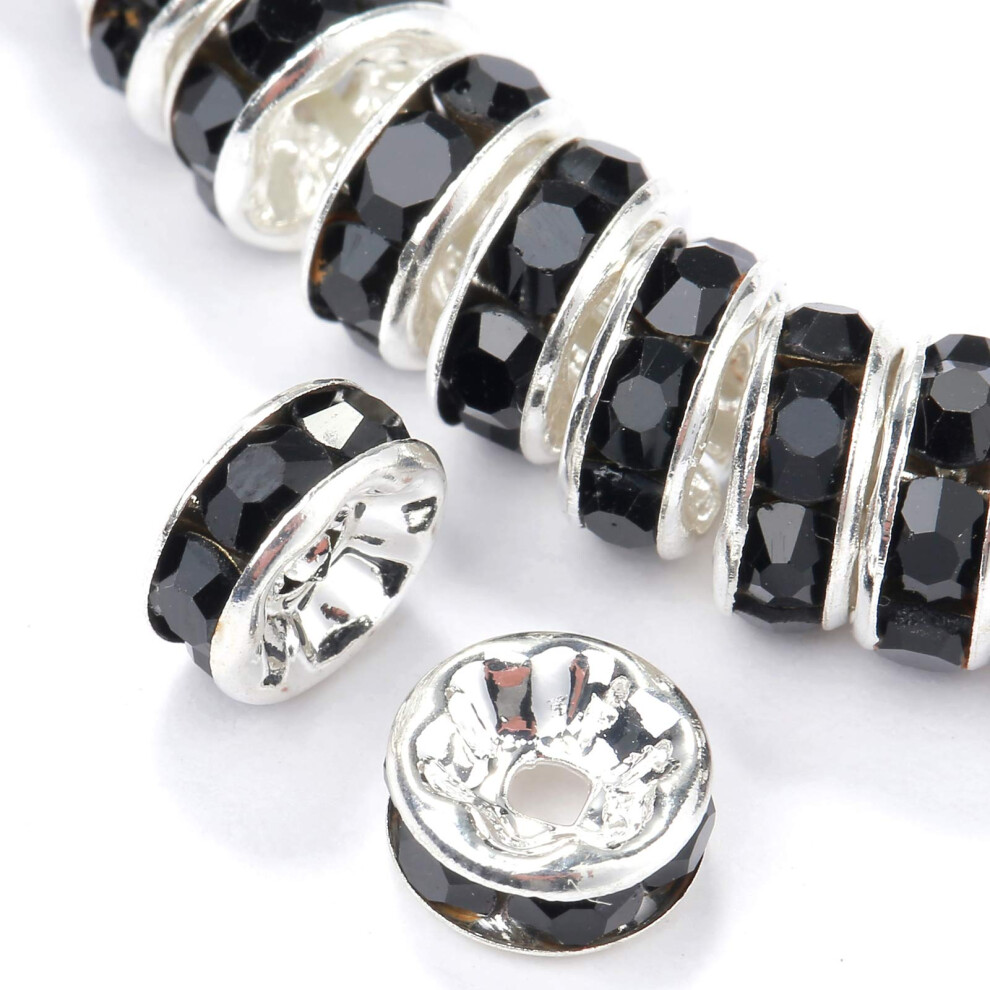 Weebee 100Pcs Rondelle Spacer Koraliki Crystal Charms Silver Splated Czech Rhinestone Lose Koraliki Do Bizuterii Produkujace Majsterkowanie (Jet-image