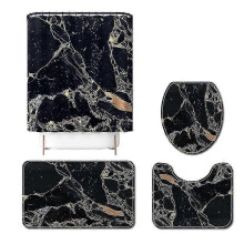 (As show, One size) 4pcs Stone Textured Toilet Floor Mat Shower Curtain Toilet Set Bathroom Anti-slip Mat Set