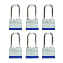 Cadeado Chaveado Laminado LanuBe (1-9/16", 40mm), Chaves Iguais, Gancho Longo, Anel Plástico Azul, Pacote de 6