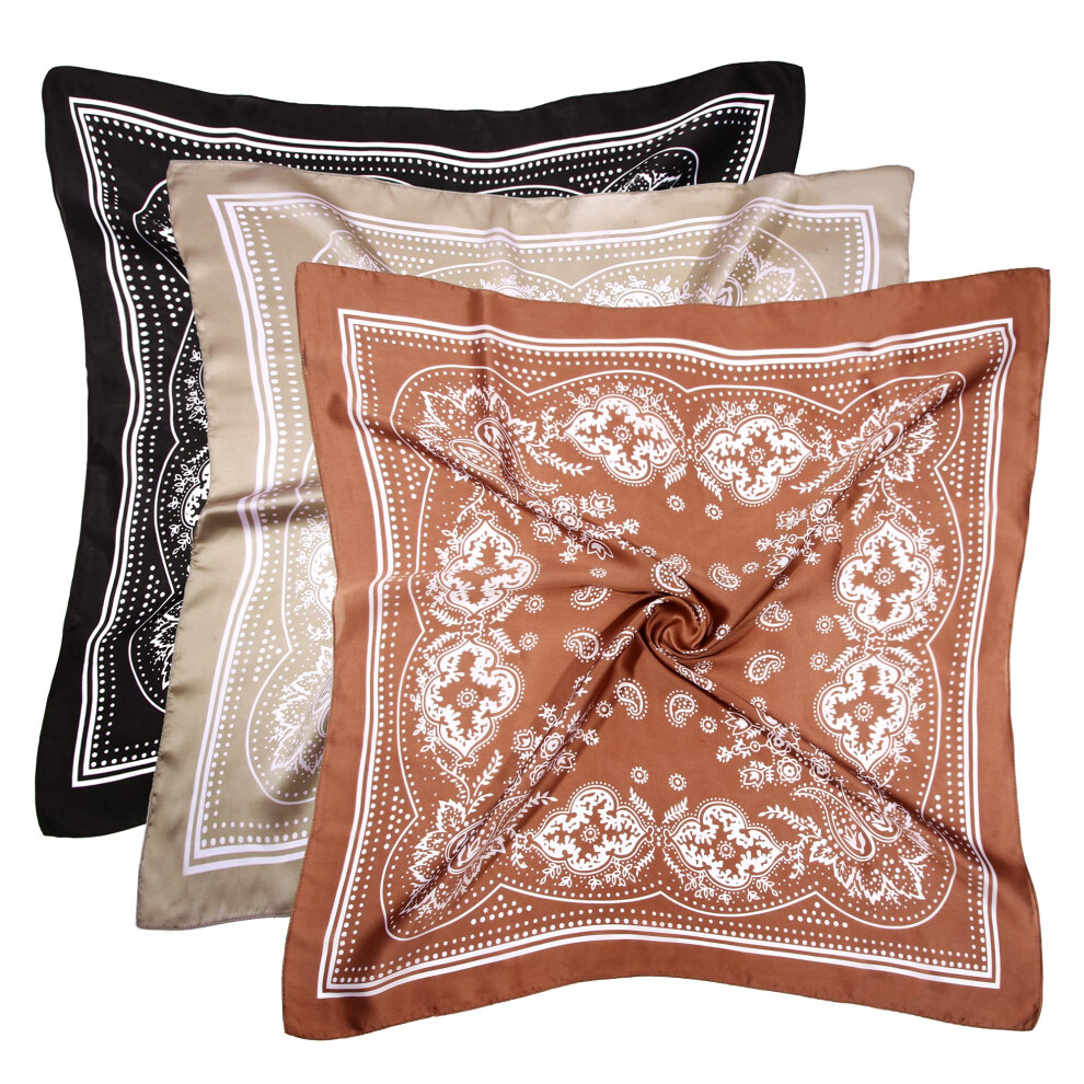 DOOBO Lot de 3 foulards en satin de 69,8 cm pour cheveux, foulard en soie, bandana en soie, foulard carr    pour femmes et filles (marron, noir, kh
