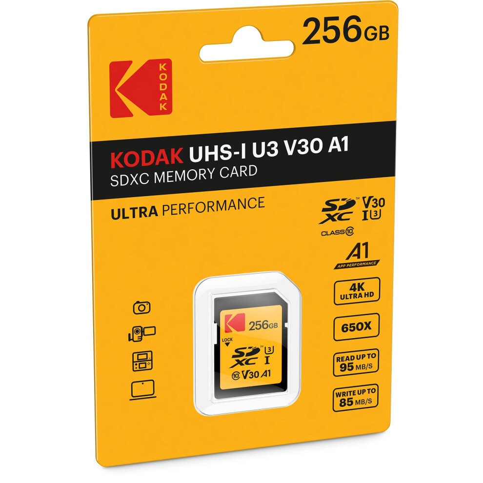 Kodak - Scheda Sd UHS-I U3 V30 Sdhc/Xc, 256 Gb, Velocità Di Lettura 95 Mb/S, Velocità Di Scrittura, Massima 85 Mb/S, Memoria Di Video 4 K Ultra Hd E Foto Hd-image