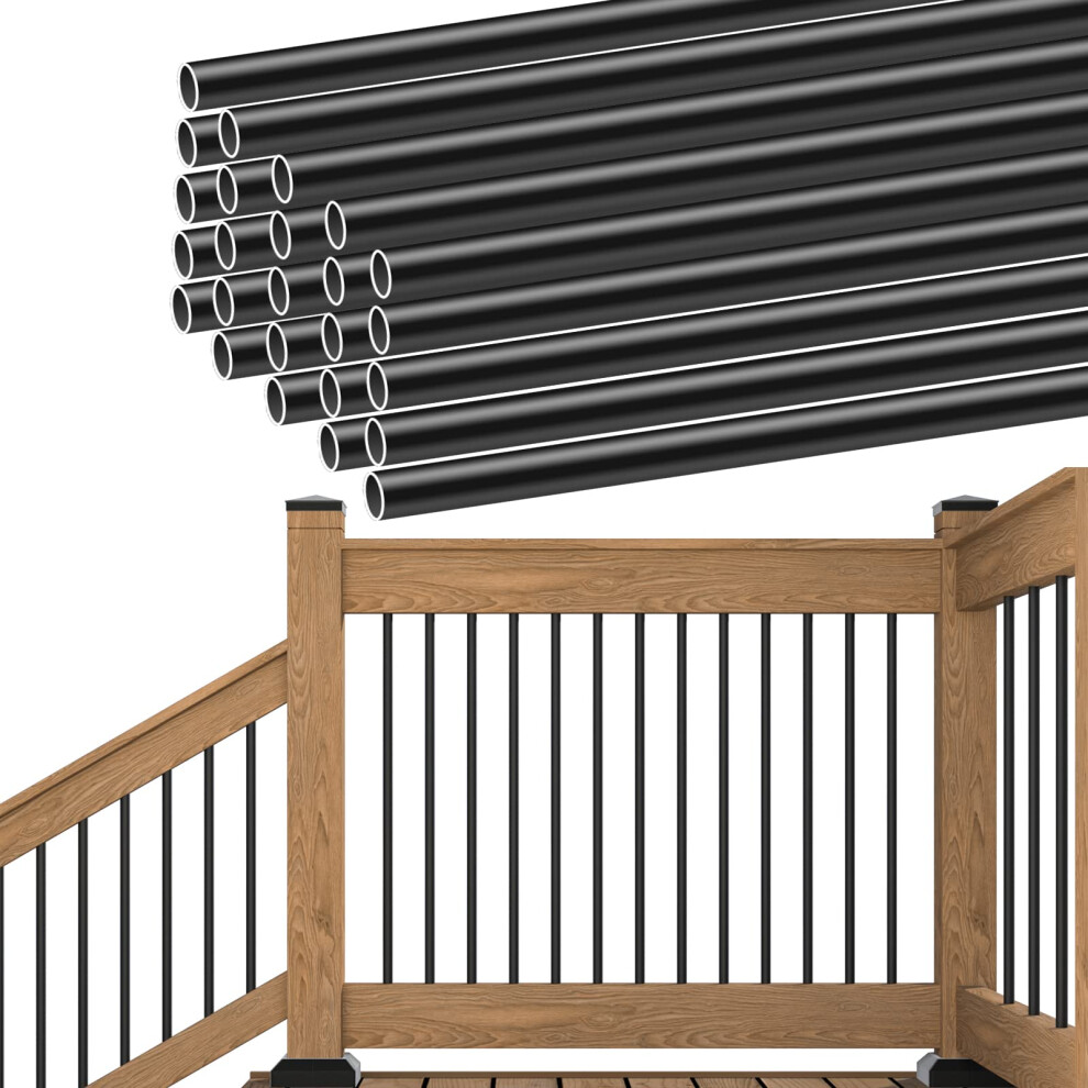 Muzata 25Pack 26 Aluminum Deck Balusters Round Black Deck Railing Stair Porch Staircase Spindles 34 Diameter Hollow for Woo