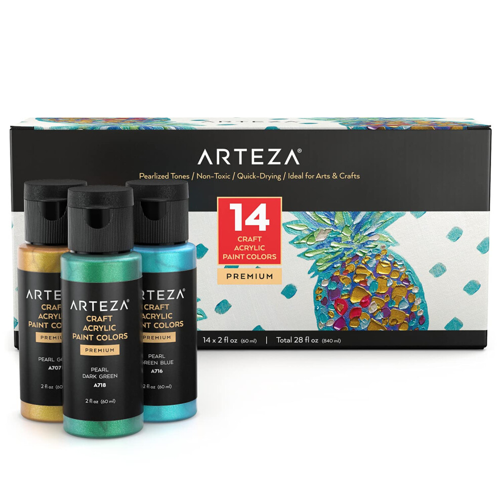 Arteza Pearlescent Acrylic Paint Set of 14  2 fl oz Bottles  Quick-Drying Pearl Craft Paint  Art Supplies for Painting on Paper  Canvas  Wood  Glass P