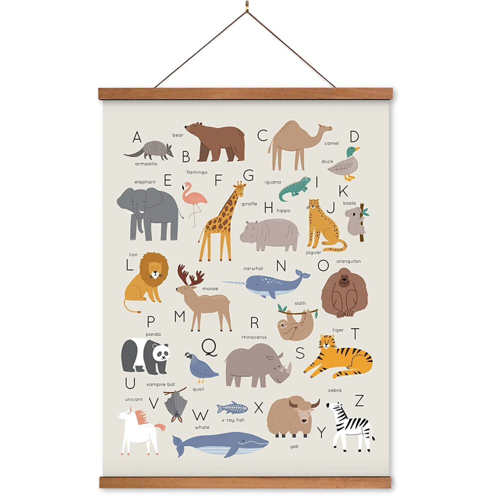 Affiche de l'alphabet des animaux de Lenny's World sur toile de lin avec support en bois de teck (animaux ABC). Affiche d'apprentissage durable e