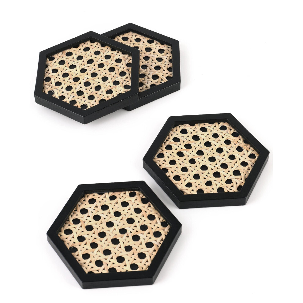 Unikalne Drewniane Podkladki Z Rattanu | Stylowy Rattanowy Wystrj Chroniacy Powierzchnie | Zestaw 4 | Klasyczne Czarne Podstawki Na Napoje | Nat-image