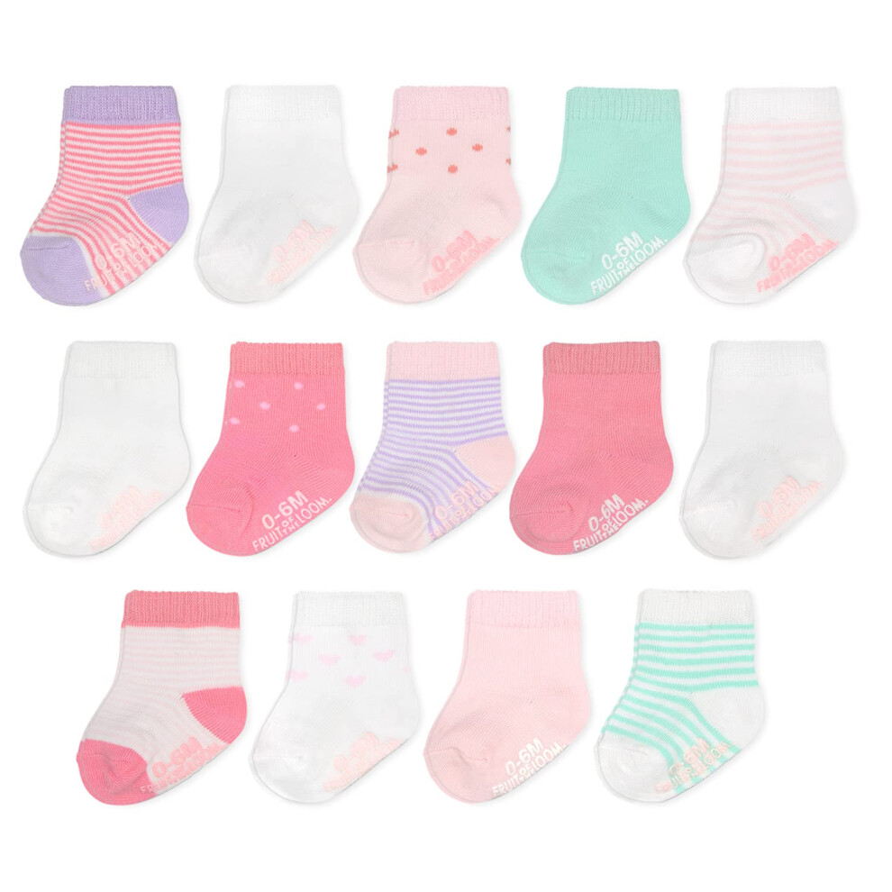 Fruit of the Loom Baby 14-Pack Grow & Fit Flex Zones Cotton Stretch Socks - Unisex  Girls  Boys 12-24 Months  Pink Stripe