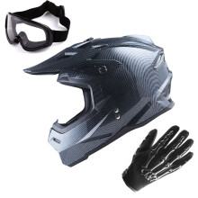 1Storm Motocross-Helm fr Erwachsene, BMX, MX, ATV, Dirt-Bike-Helm, Karbonfaser, Schwarz + Schutzbrille + Skeleton-Handschuh, Schwarz, Bundle