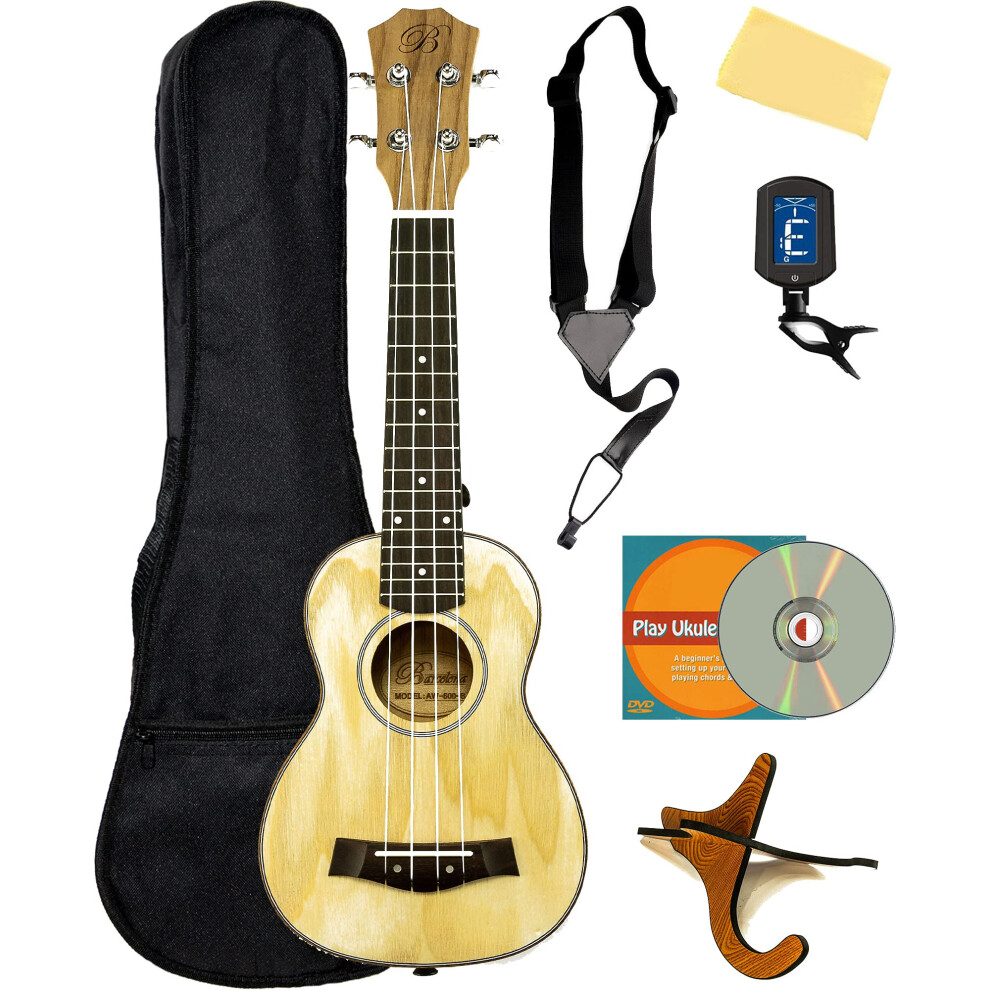 Barcelona Sopran-Ukulelenpaket Mit Massiver Eschendecke Und Gigbag, Stimmger T, St Nder, Gurt, Lehr-Dvd Von Austin Bazaar Und Poliertuch-image