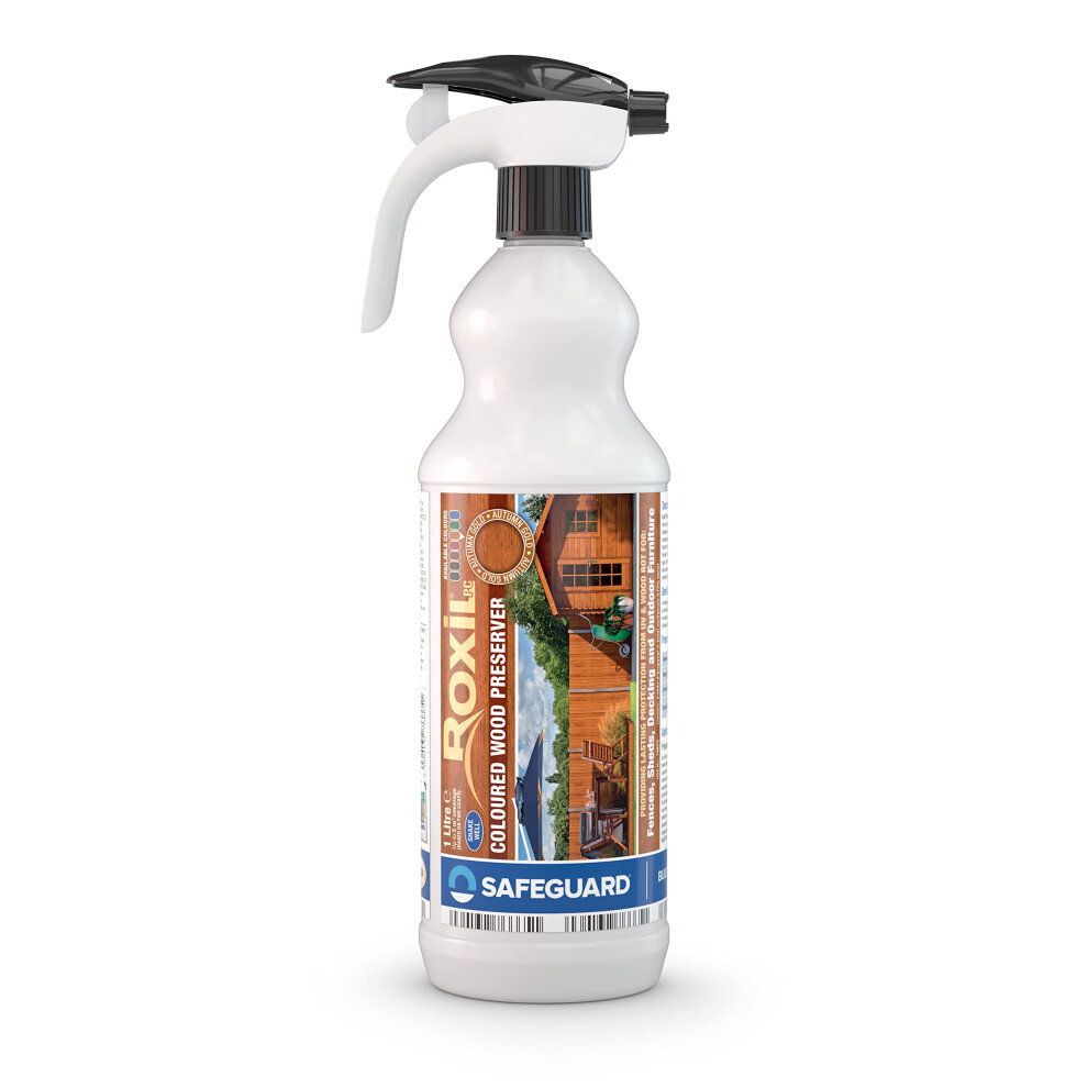 Roxil Wood Stain Preserver (Autumn Gold, 1L Spray) For Decking, Fence, Shed, Furniture. Up To 5 Year Protection For Indoor & Outdoor 5060132766651