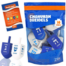 Zion Judaica Hanukkah Dreidels Blå & White Natural Wood med engelsk oversættelse og translitteration (10 pakke)