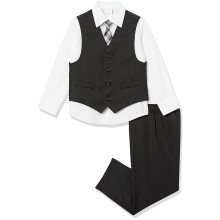 Van Heusen Jungen 4-teiliges formelles Anzugset, Weste, Hose, Kragen, Hemd und Krawatte, Schwarz, Rot gestreift, 2T