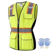 JKWEARSA Sicherheitsweste fr Damen, hohe Sichtbarkeit, reflektierende Weste mit mehreren Taschen und Reiverschluss, Arbeitsweste fr Damen, Gelb-01