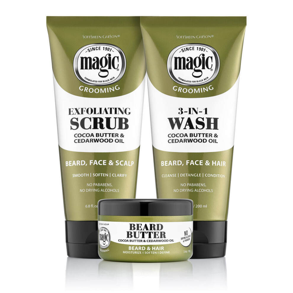 Softsheen-Carson Magic - Shaving Beard Grooming Kit for Men with Cedarwood Oil- Beard Butter, Scrub and Cleanser- Gift Set for Beard, Face & Hair Care