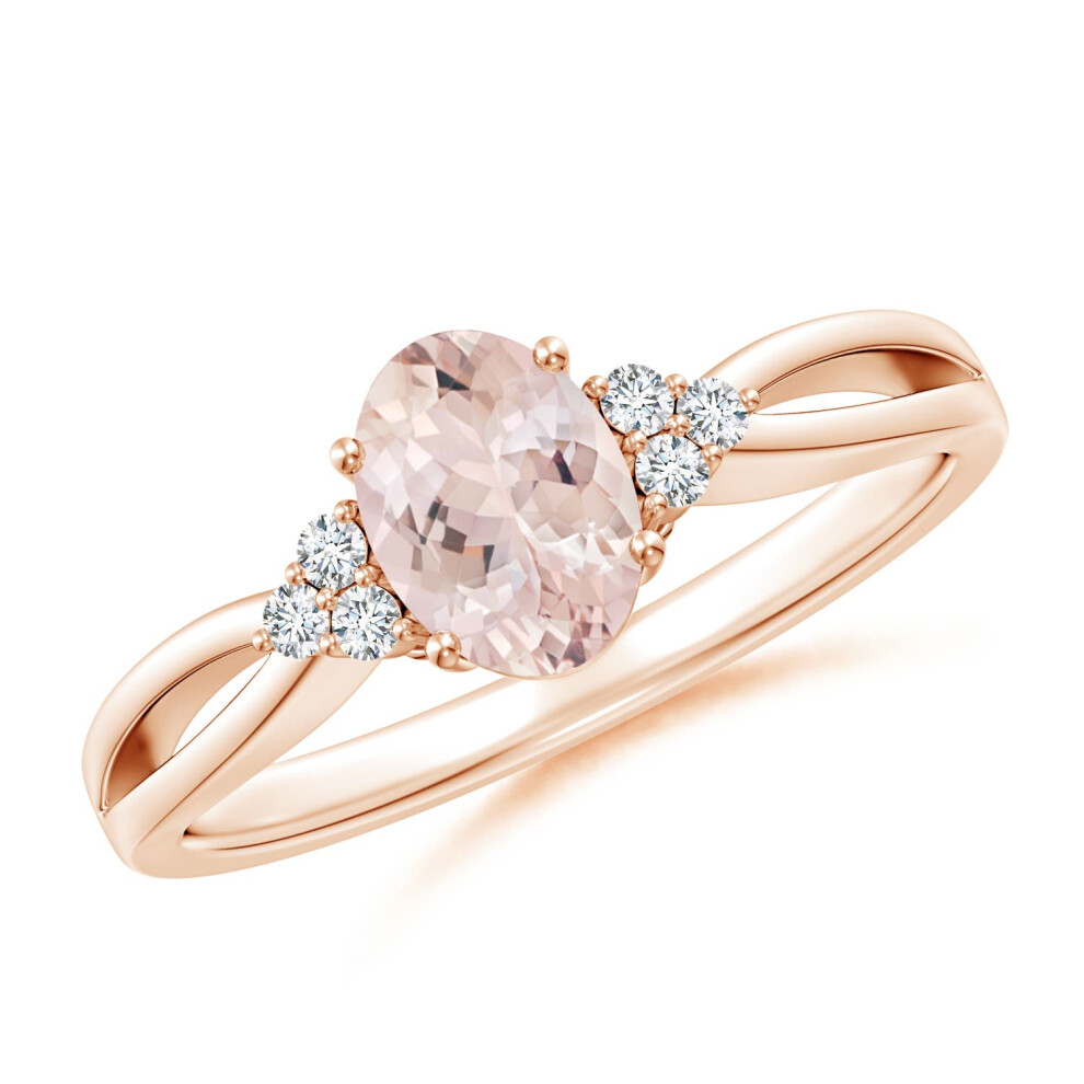 (9ct Rose Gold, R 1/2) Angara Natural Solitaire Oval Morganite Split Shank Ring with Trio Diamonds  for Women (Size: 7x5mm | Grade: AA | Ring Size: J-image-OPC-PG9JN7R-NEW