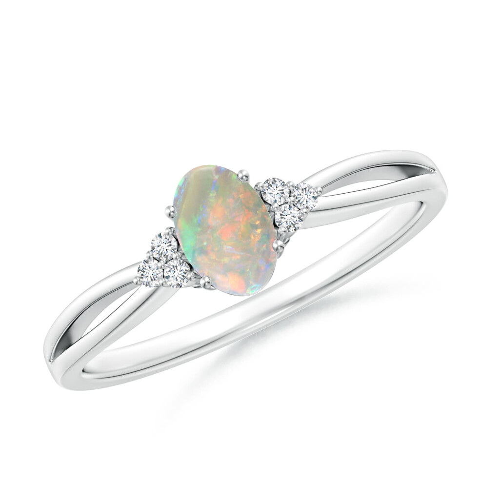 (14ct White Gold, R 1/2) Angara Natural Solitaire Oval Opal Split Shank Ring with Trio Diamonds for Women (Size: 6x4mm | Grade: AAAA)-image-OPC-PG9JPDG-NEW