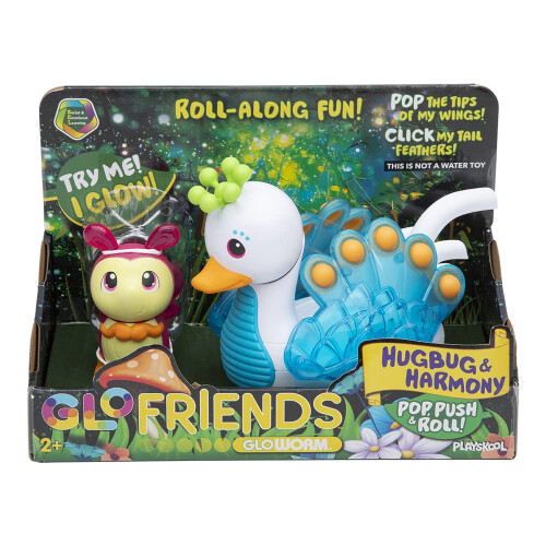 Playskool Glo Friends - Hugbug e Harmony Pop Spingi e rotola! - Swan Vehi
