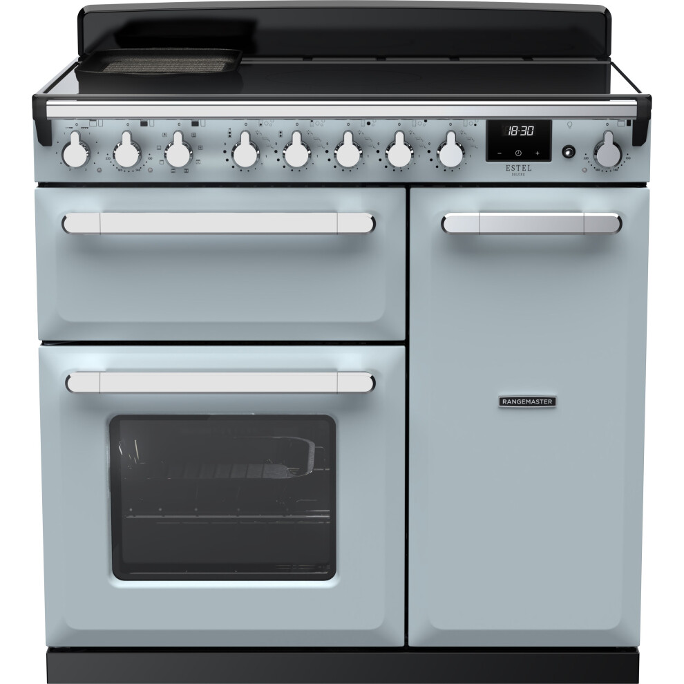Rangemaster Estel Deluxe 90cm Electric Range Cooker with Induction Hob - Misty Blue / Chrome - A/A Rated