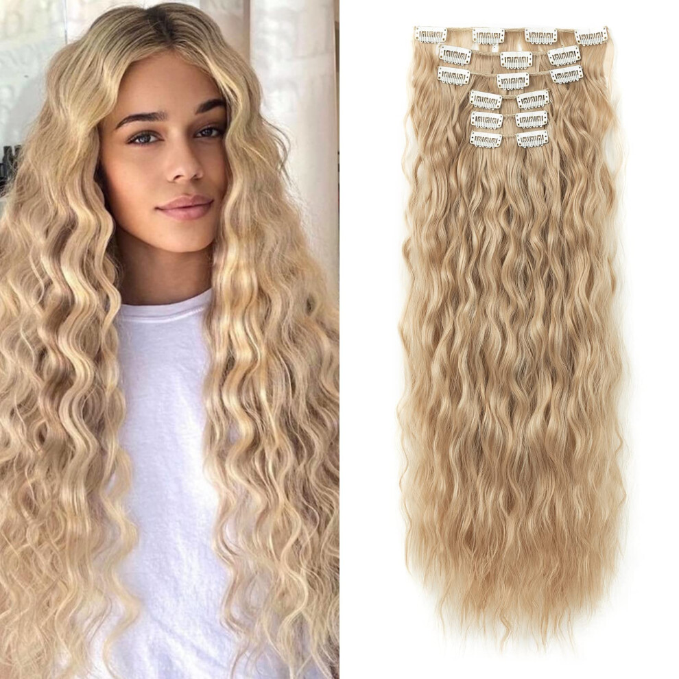 Lonai 6Pcs Clip In Hair Extensions 24 Blonde Hair Extensions Long Mermaid Waves Wavy Synthetic Clip On Hairpiece For Women Natural Black