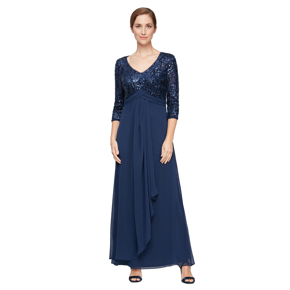 Alex Evenings Women's Long Lace Top Empire Waist Dress Navy Sequin 8