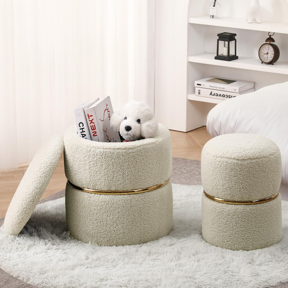 Furniliving Ensemble de 2 poufs ronds en fausse fourrure Pouf de rangement rembourr    en laine boucl   e avec cerceau en acier inoxydable dor    pour