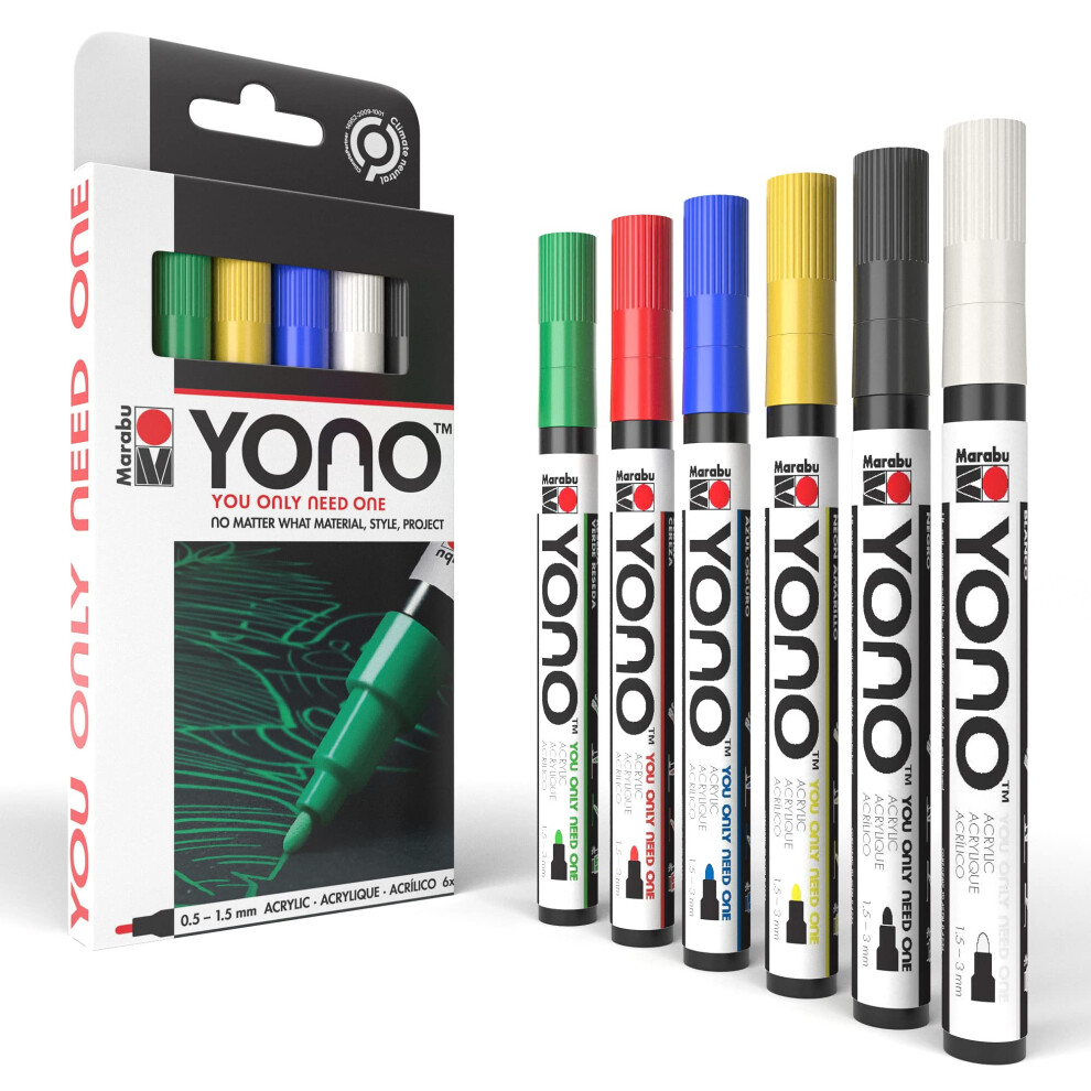 Marabu YONO Acrylverfmarkers - 6 fijne puntverfmarkers voor metaal, steen, hout, canvas, glas, keramiek, graffiti - Verfstiften voor stenen, mokken,