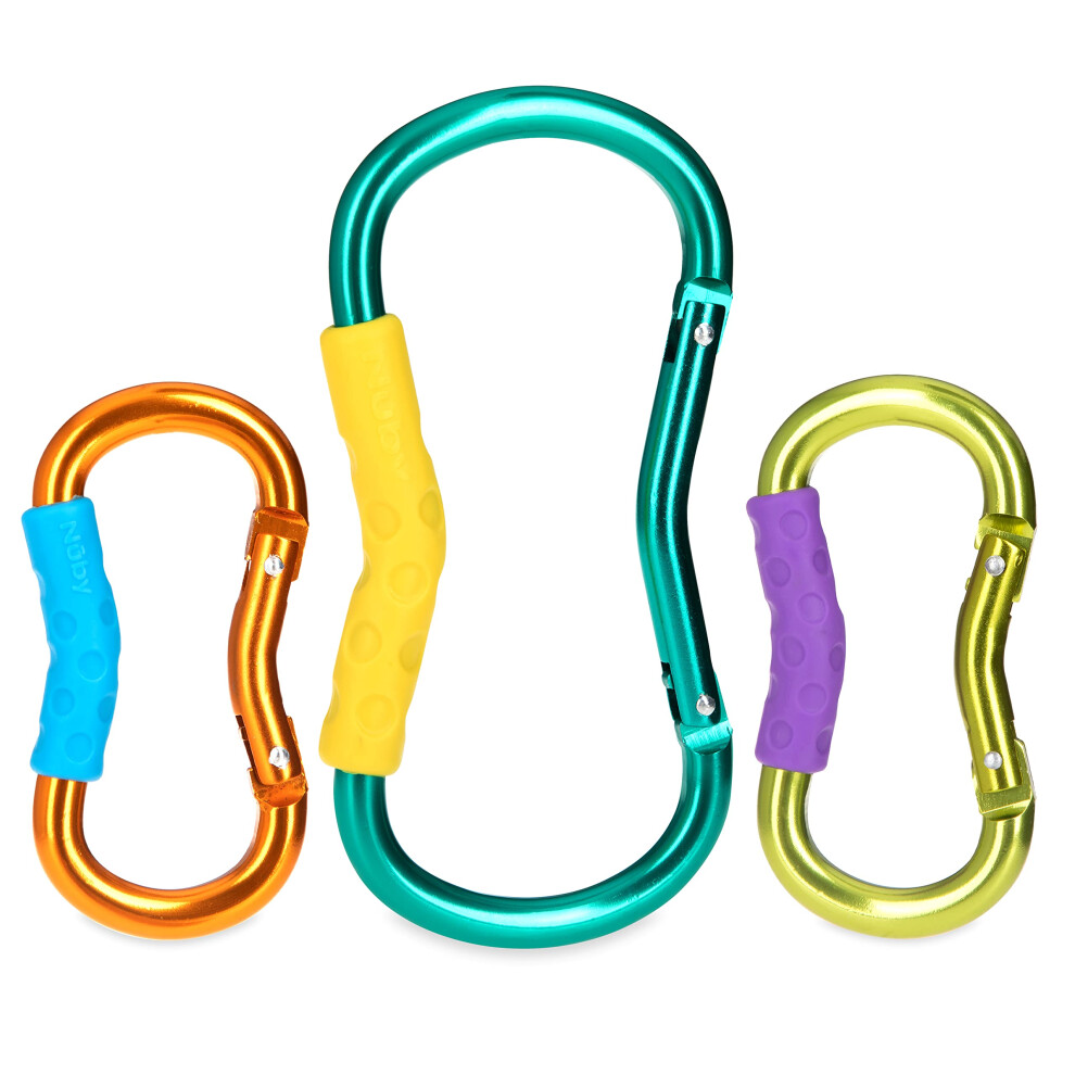 Crochets pour poussette Nuby : lot de 3, vert/multicolore, comprenant 1 grand et 2 petits mousquetons pour organiser vos essentiels