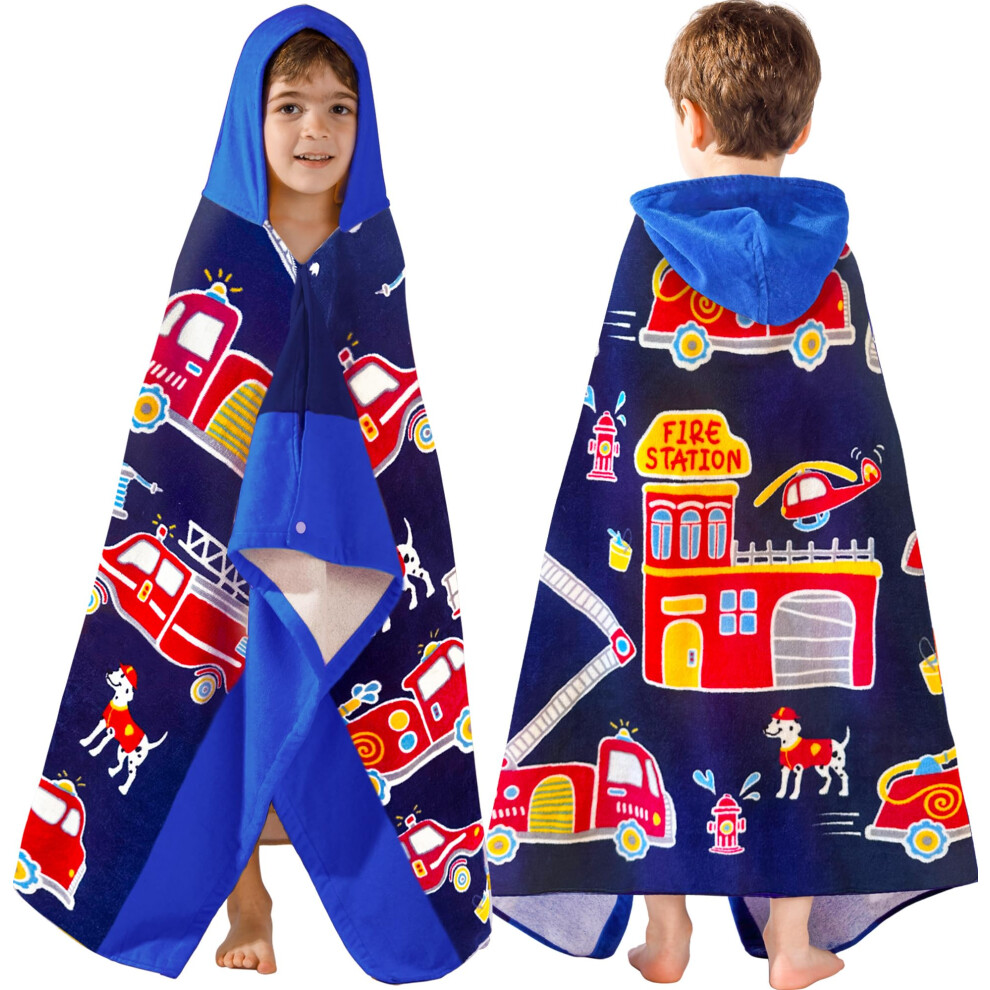 Serviettes     capuche VOOVA & MOVAS Camion de pompiers, en coton doux et    pais, pour les 3     10 ans | Plage | Piscine | Bain | Serviettes de bain