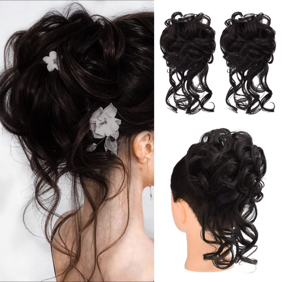 Hoojih Unisex Messy Bun Hair Piece 2Pcs Tousled Updo With Tendrils Hair Bun
