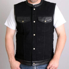 Hot Leathers VSM6101 Men Motorcycle Club Style Carry Conceal Denim & Leather Biker Vest - Black - Medium