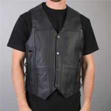 Hot Leathers vsm1017 Men Motorcycle 10 Pocket Leather Biker Vest with Side Laces - Black - Small
