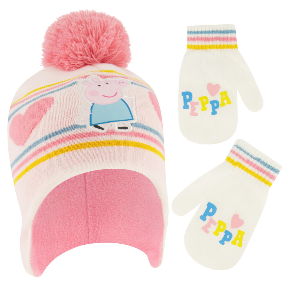 Hasbro Girls Winter Accessory Hat and Mittens Set  Peppa Pig Toddler Beanie for Toddler Ages 2-4 White/Pink
