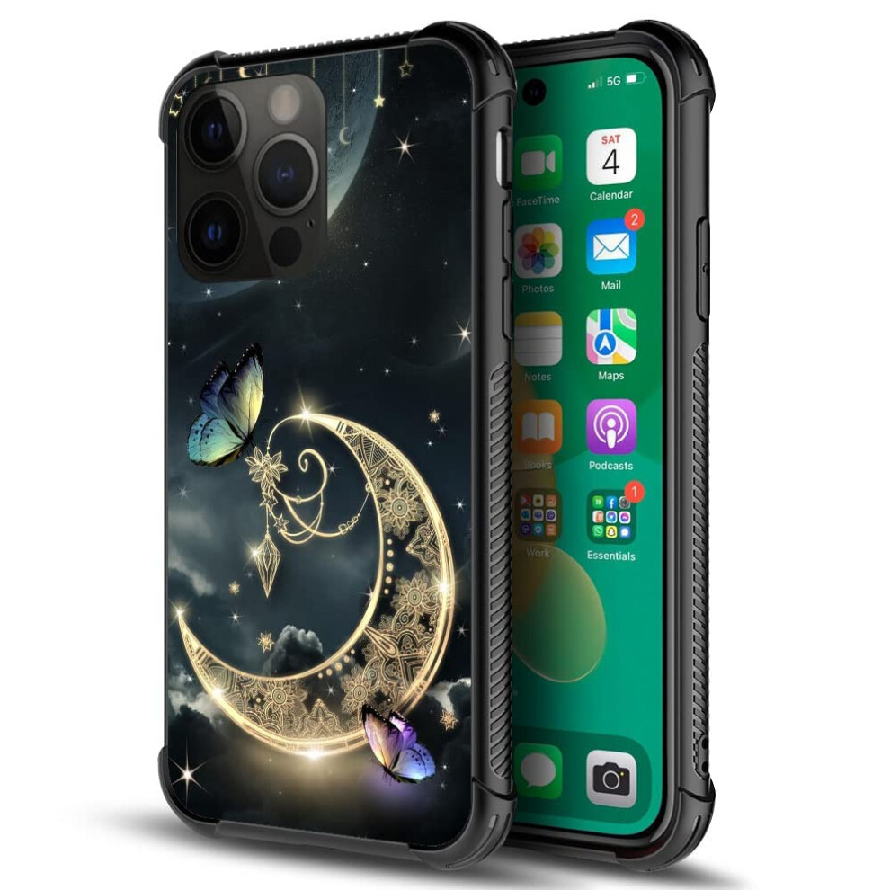 DAIZAG Compatible avec la coque pour iPhone 14 Pro Golden Retro Fantasy Starry Moon Butterfly iPhone 14 Pro Coques pour Homme Femme Protection in