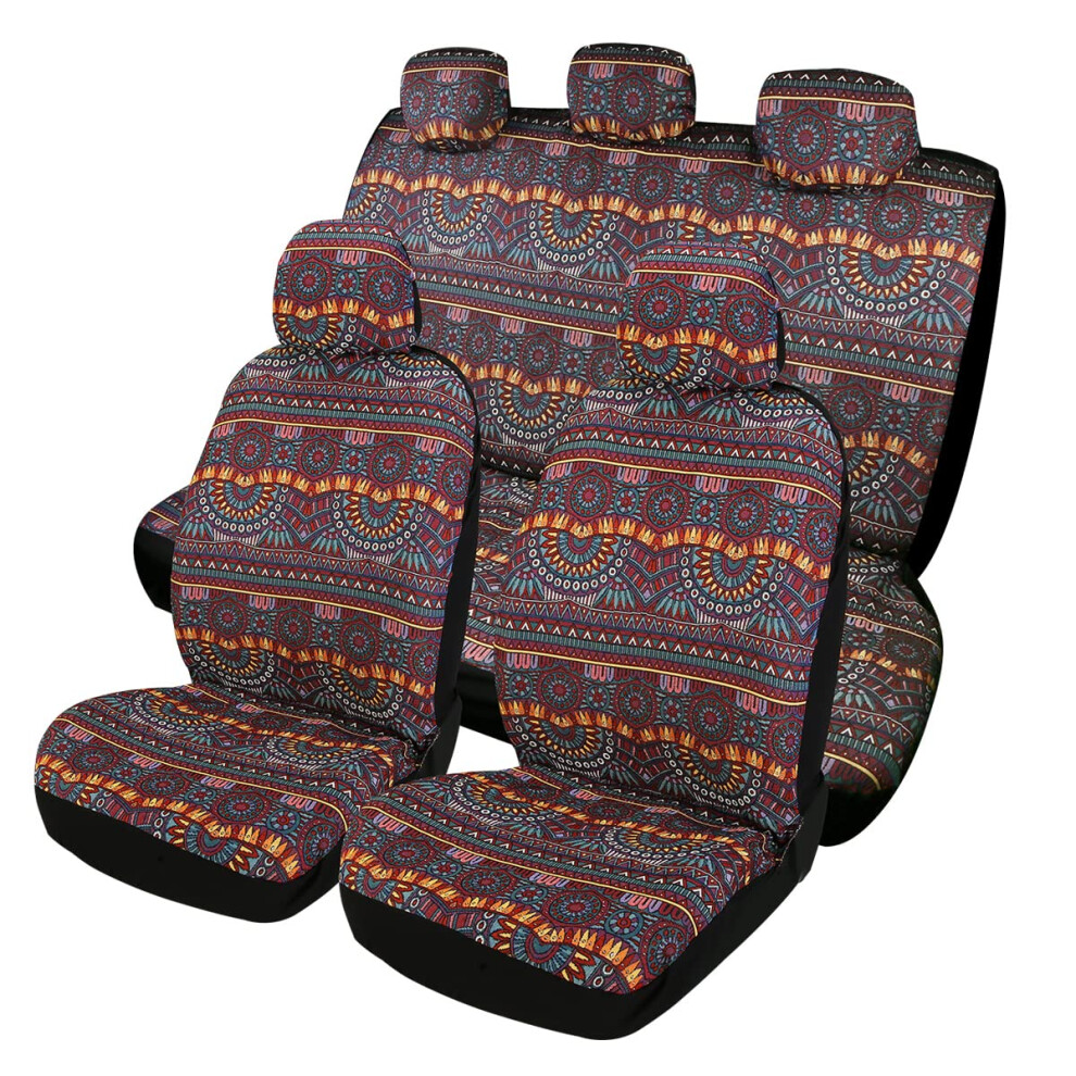 Ponyjoyup Baja Saddle Blanket Car Seat Covers 9Pcs Full Set Breathable And Washable Striped Woven Automotive Vehicle Seat Cover Universal Boho Seat 754003343182