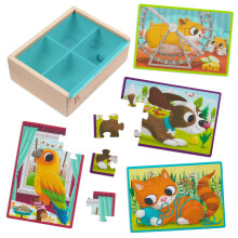 B. toys - Puinen palapelisetti - 4 el inpalapeli - Kissa, koira, lintu, hamsteri - 12-osainen palapeli lapsille - 3 vuotta + - Palapelipakkaus -