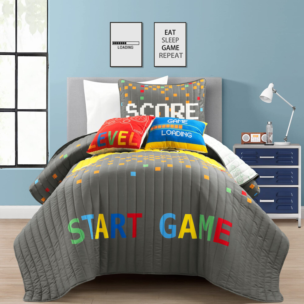 Ensemble de courtepointe surdimensionn    r   versible 4 pi   ces pour jeux vid   o Lush Decor pour lit double, gris et jaune