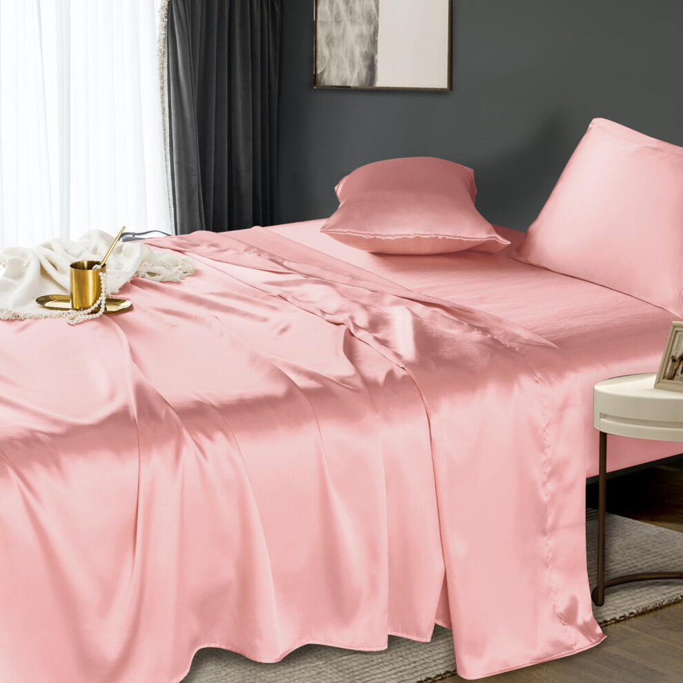 Parure de lit Queen Size avec draps en soie - 4 pi   ces HENGWEI Draps en satin rose doux