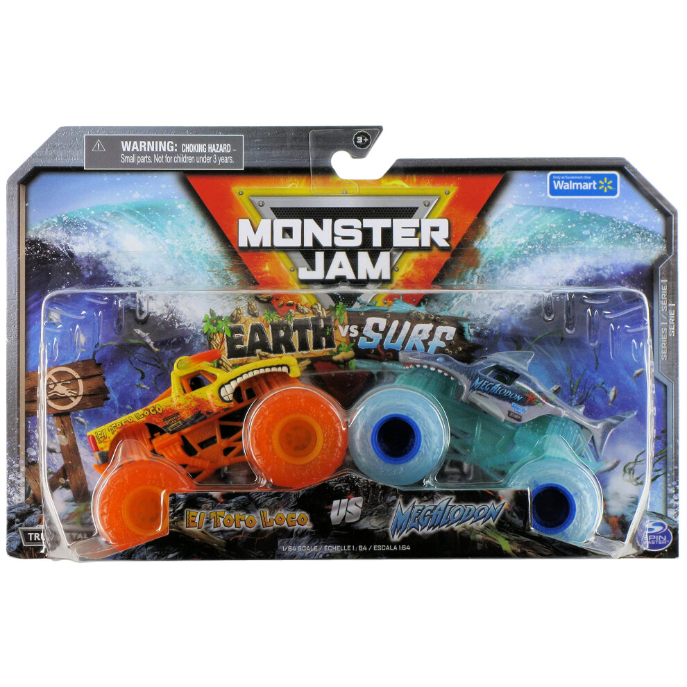 Monster Jam 2022 Earth vs Surf Series 2-Pack El Toro Loco Earth vs Megalodon Surf-image-OPC-PFC2JSH-NEW