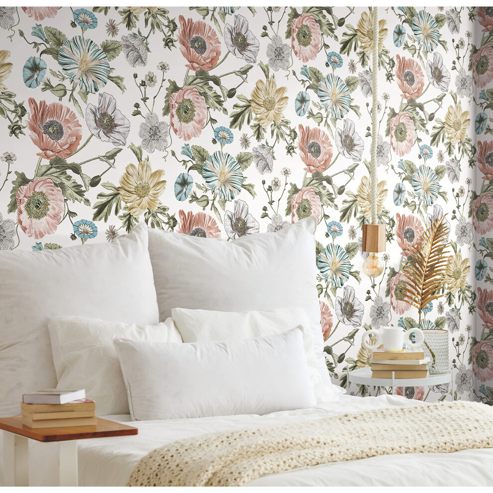 Photos - Wallpaper Roommates RMK12281PL Vintage Poppy Peel and Stick  205 inches Wide x 18 feet PinkGreen 30 Sq Ft 