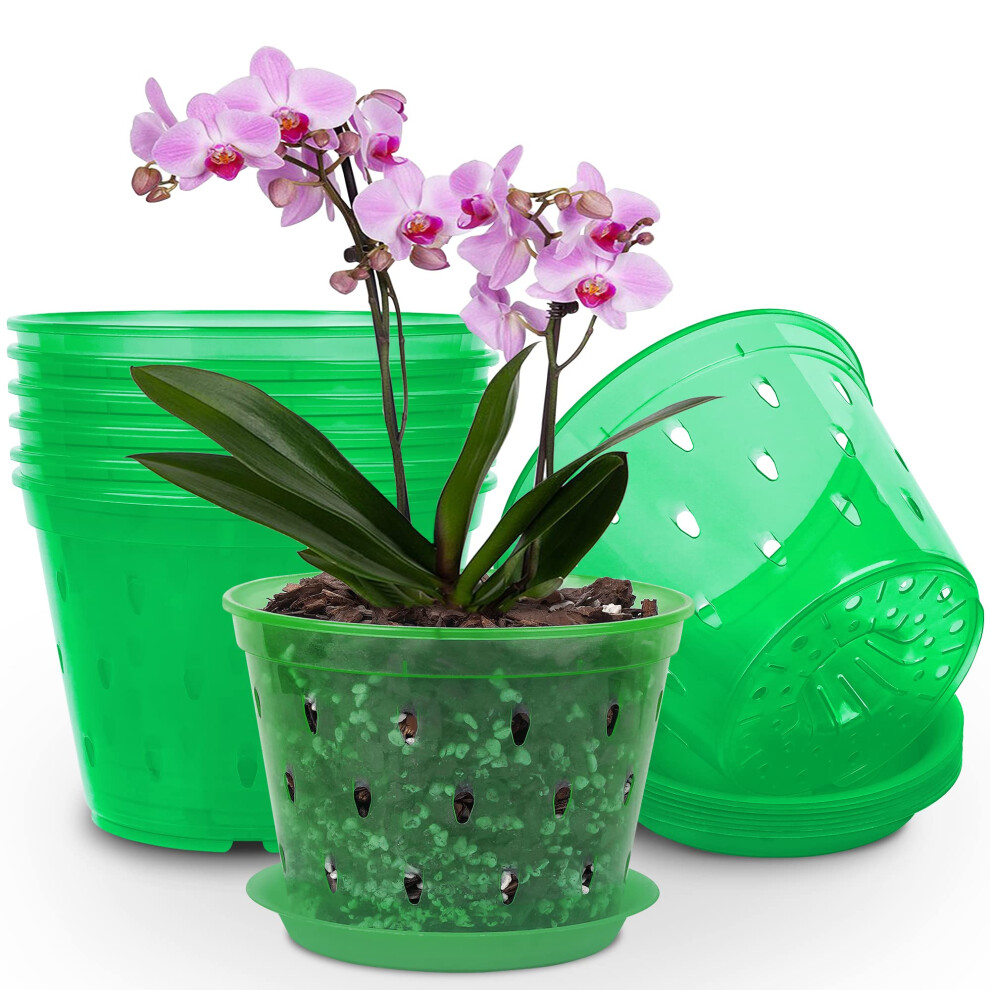 Kitypartsy 8 Pack 7 inch Orchid Pots with Holes and Saucers Clear Plastic Orchid Pots (Green Emerald)