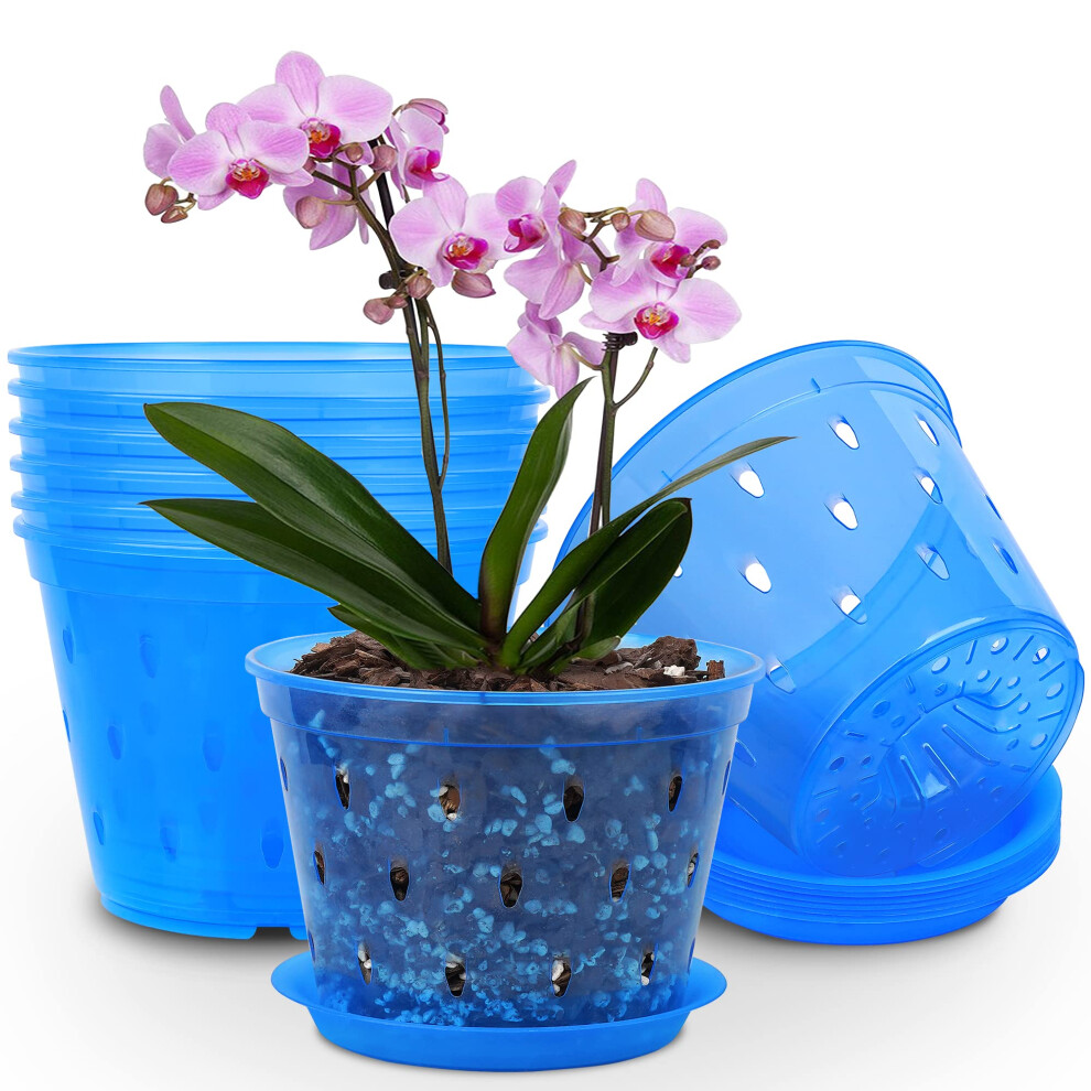 Kitypartsy 8 Pack 7 inch Orchid Pots with Holes and Saucers Clear Plastic Orchid Pots Blue Sapphire