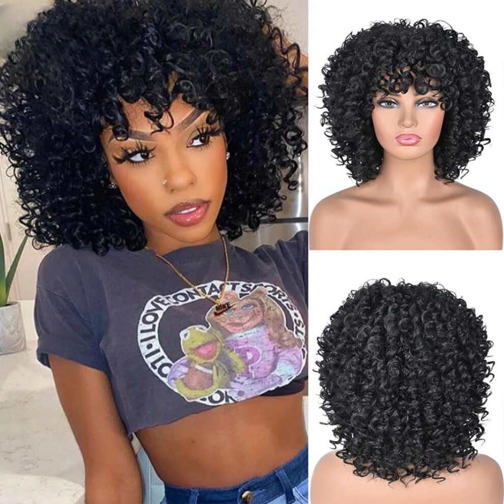 Sabosi Unisex Black Curly Afro Wig For Women, Kinky Wigs For Women, Synthetic Natural Synthetic Curly Wig With Bangs