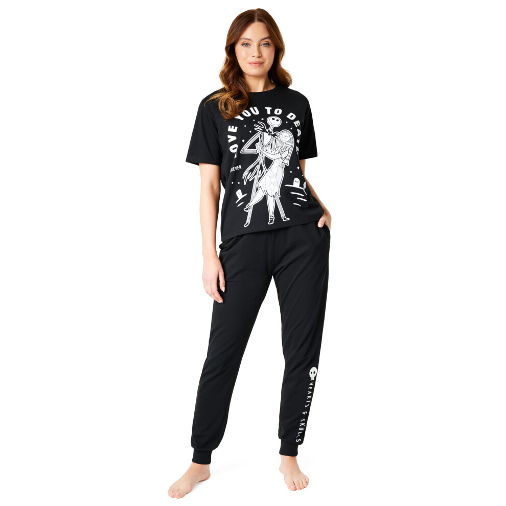 Disney Nightmare Before Christmas Ladies Pyjamas Set Nightwear T-Shirt Long Bottoms PJs Gifts for Women and Teenagers (L  Black/Love)