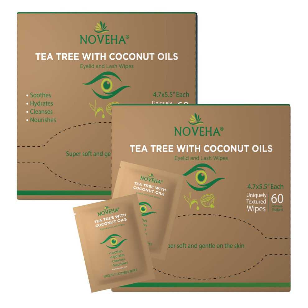 Nieuw Noveha Tea Tree & Coconut Oil Eyelid & Lash Wipes | For Demodex Blepharitis & Itchy Eyes Box Of 60 Individually Wrapped Eyelash Wipes With