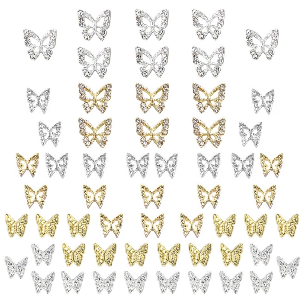 Qiipii Golden/Silver Butterfly Nail Charms, 58Pcs 3D Butterfly Charms For Acrylic Nails, 14 Butterflies Nail Rhinestones Gems Charms +44 Alloy Studs, Nail Ar