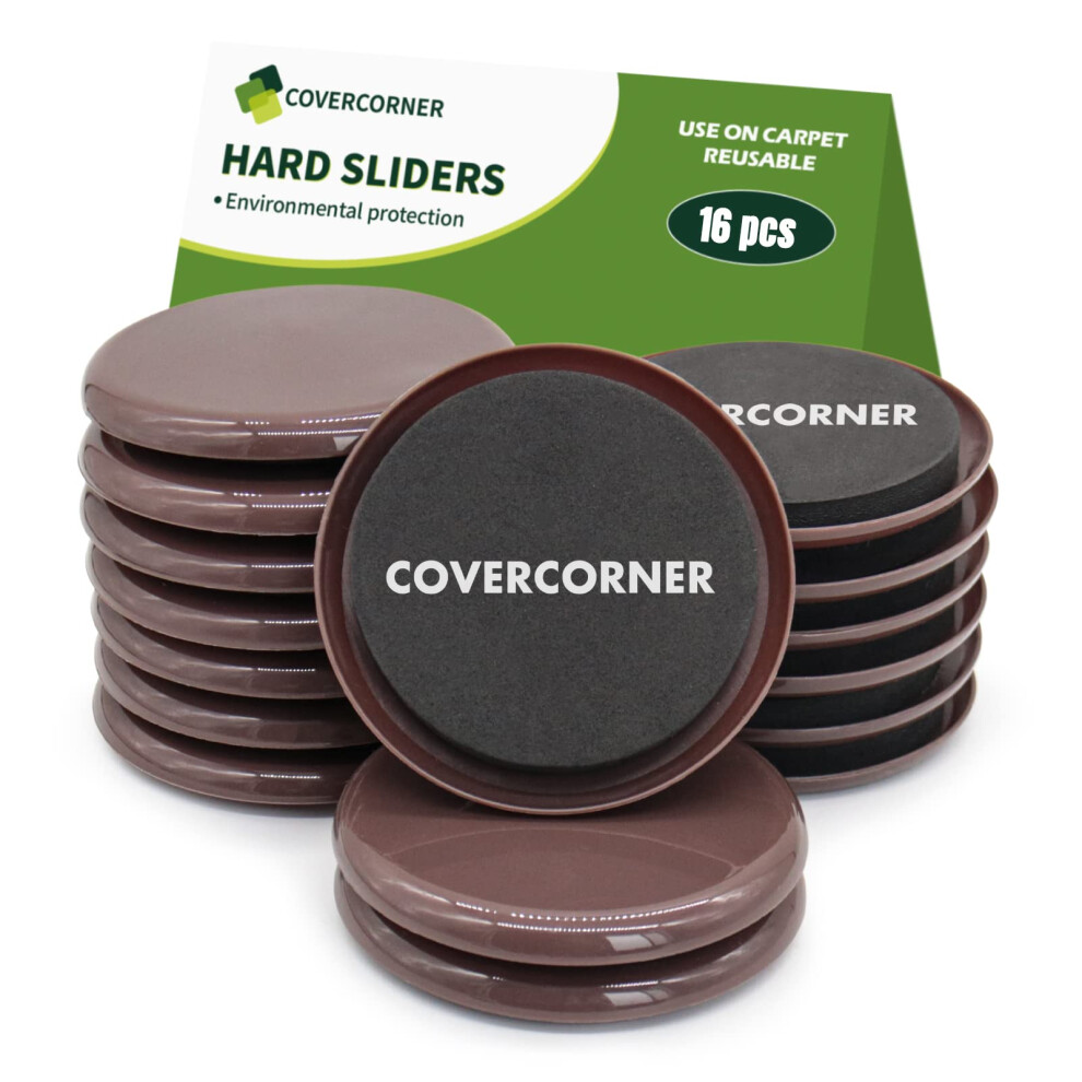 Covercorner Furniture Sliders For Carpet 16Pcs - 3 1/2 Inch Sliders For Moving Furniture - Appliance Slider For For Carpet Brown 730198411745