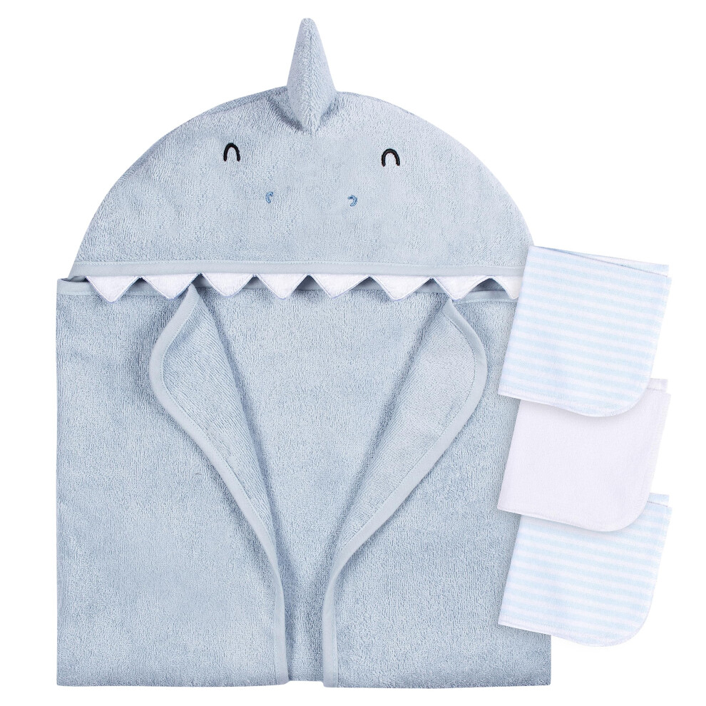 Gerber Baby 4 Piece Animal Character Hooded Towel and Washcloth Set  Blue Shark  One Size