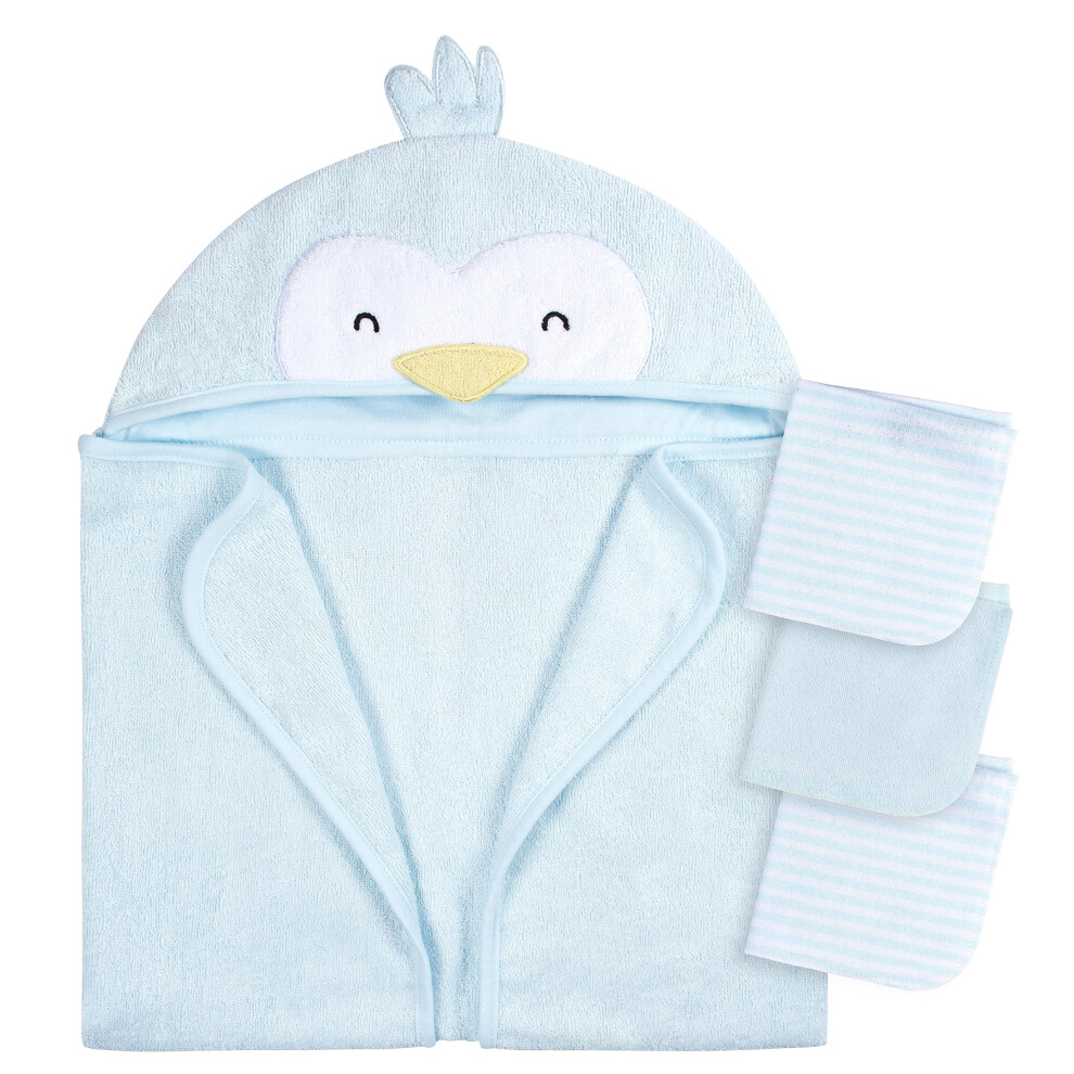 Gerber Baby 4 Piece Animal Character Hooded Towel and Washcloth Set  Blue Penguin  One Size