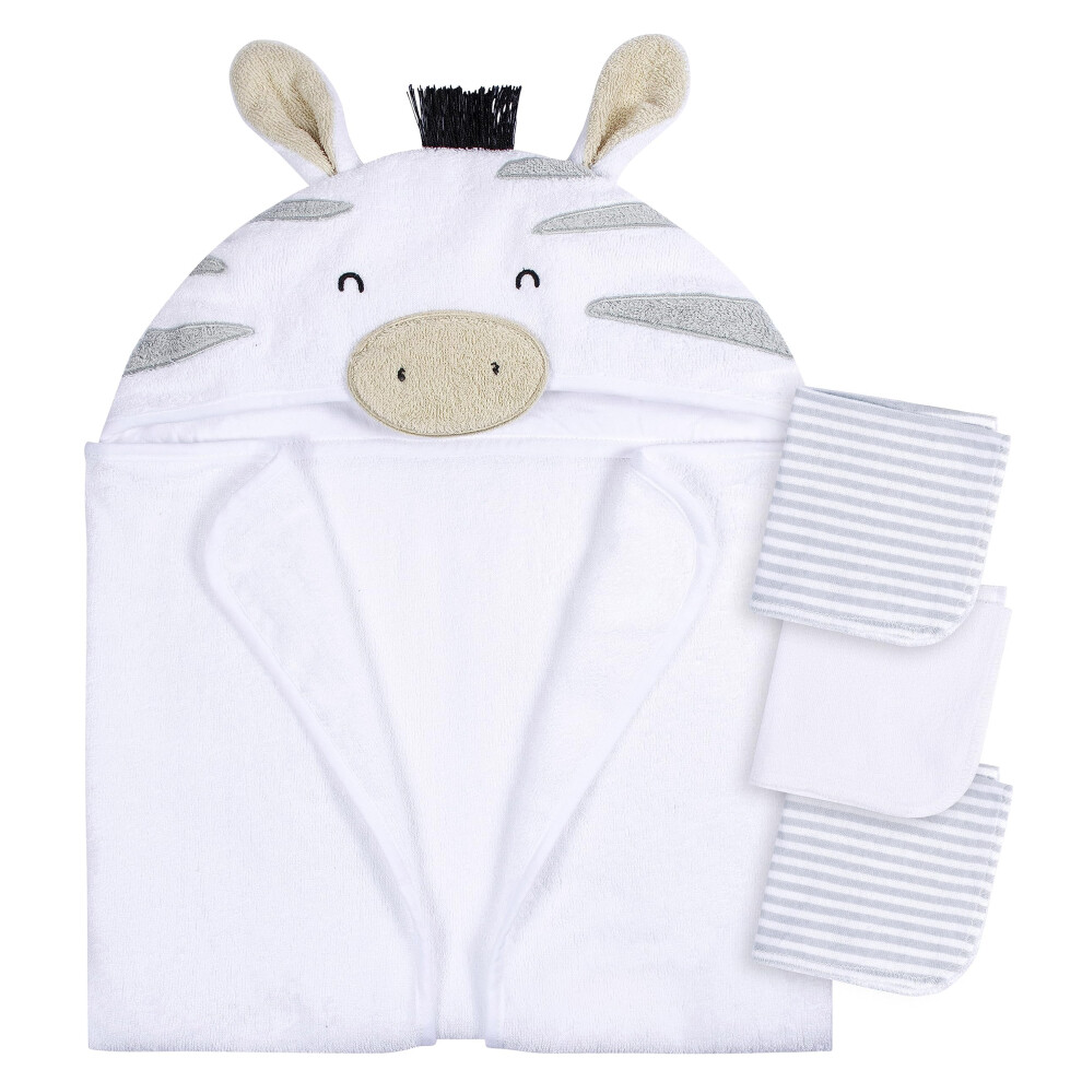 Gerber Baby 4 Piece Animal Character Hooded Towel and Washcloth Set  Grey Zebra  One Size