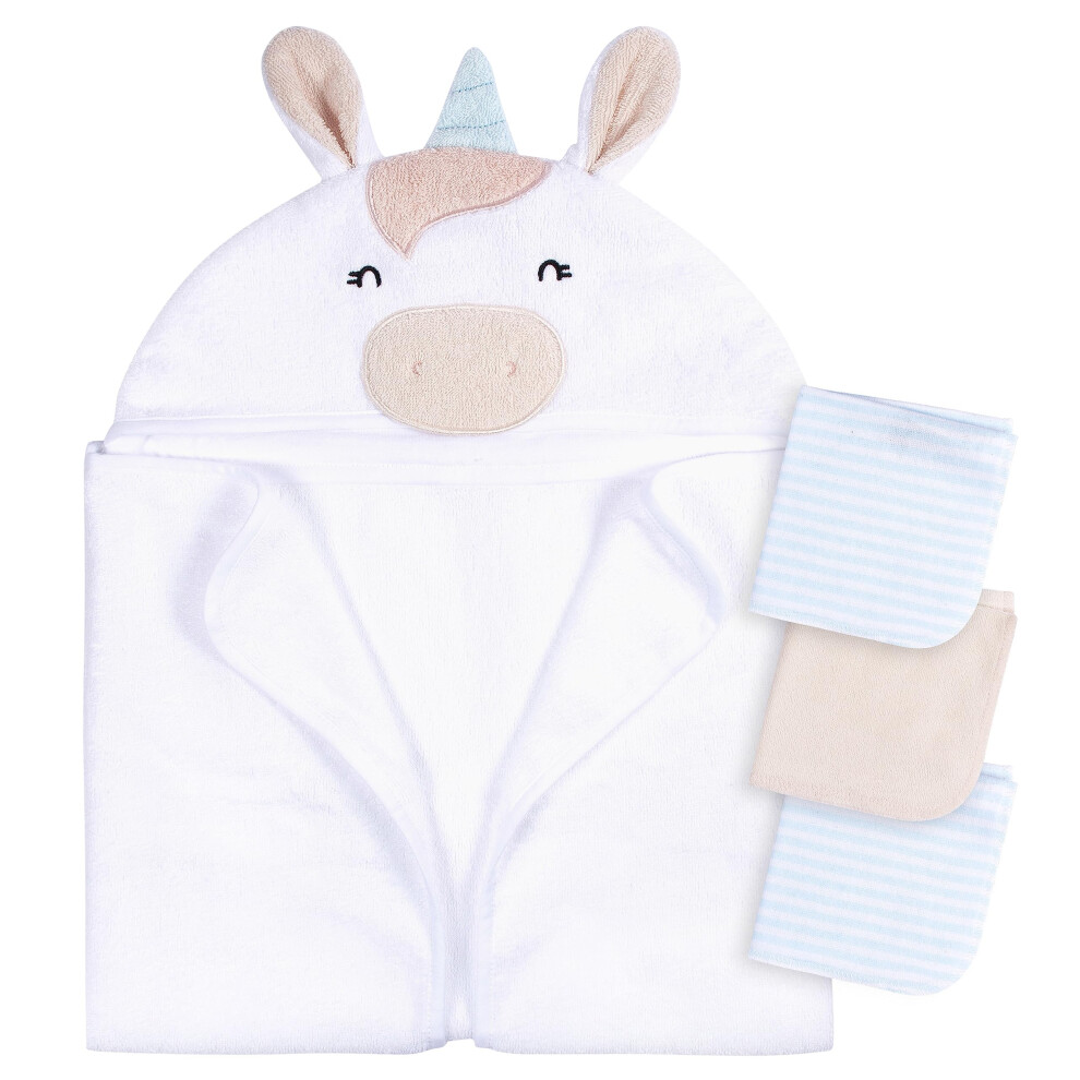 Gerber Baby 4 Piece Animal Character Hooded Towel and Washcloth Set  White Unicorn  One Size
