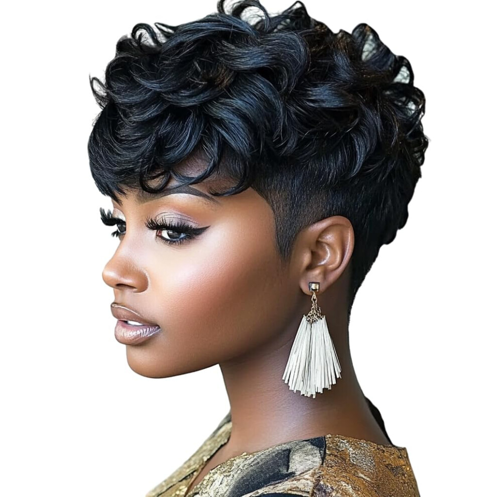 Pixie Crew Unisex Black Pixie Cut Wig Short Wigs For Women Short Curly Pixie Cut Wigs Natural Wavy Synthetic Hair Short Wig With Bangs Pixie Wig For Womenna